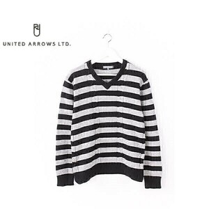 A3420/ beautiful goods spring summer Rhythm of Life UNITED ARROWS wool border cable braided rib knitted sweater L grey / made in Japan men's cardigan 