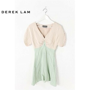 A3771/美品 春夏 DEREK LAM デレクラム シルク100% 切替 ワイドスリーブ Vネック ドレス Aライン 膝丈 ワンピース 9号程 ピンク/レディース