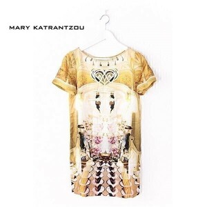A3862/美品 春夏 MARY KATRANTZOU メアリーカトランズ シルク100% デザイン 半袖 コクーン ドレス 膝丈 ワンピース 10 黄色/ レディース