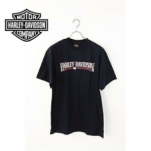 A3287/美品 春夏 HARLEY-DAVIDSON ハーレーダビッドソン フロントビッグロゴ コットン 丸首 Ｔシャツ カットソー M 黒/メンズ バイク