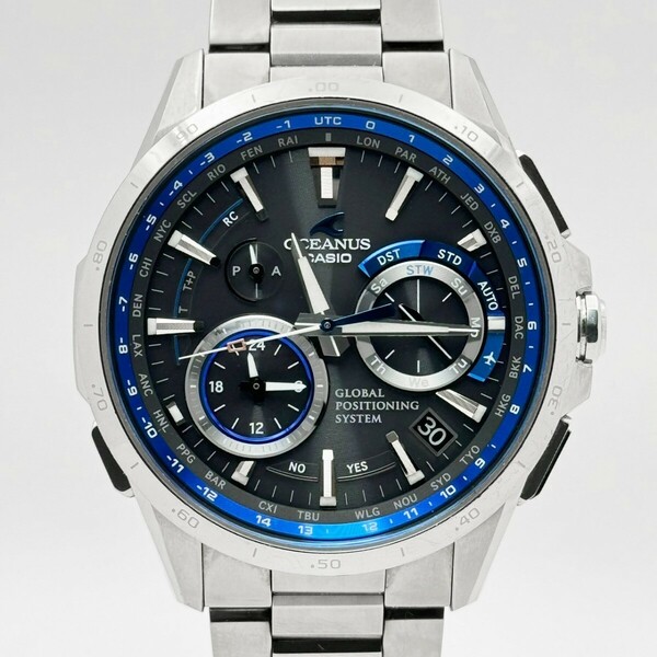 美品 CASIO OCEANUS カシオ オシアナス OCW-G1000-1AJF フルメタル GPSハイブリッド電波ソーラー ブラック×ブルーダイアル チタン メンズ 