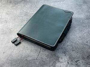 [ hand .] height . notebook A5No.963 for blue green color put on . change original leather cover ( angle flower ornament ) 2 ps book mark attaching 