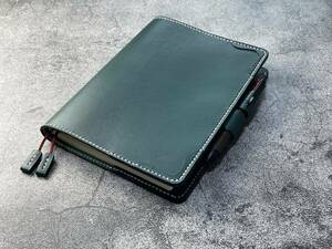 [ hand .] height . notebook A5(5 year desk day magazine )No.953 for blue green color put on . change original leather cover ( angle flower ornament ) 2 ps book mark attaching 