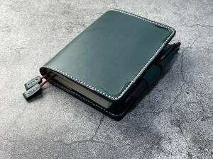 [ hand .] green hibino notebook for A6 blue green original leather cover ( angle flower ornament ) 2 ps book mark attaching 