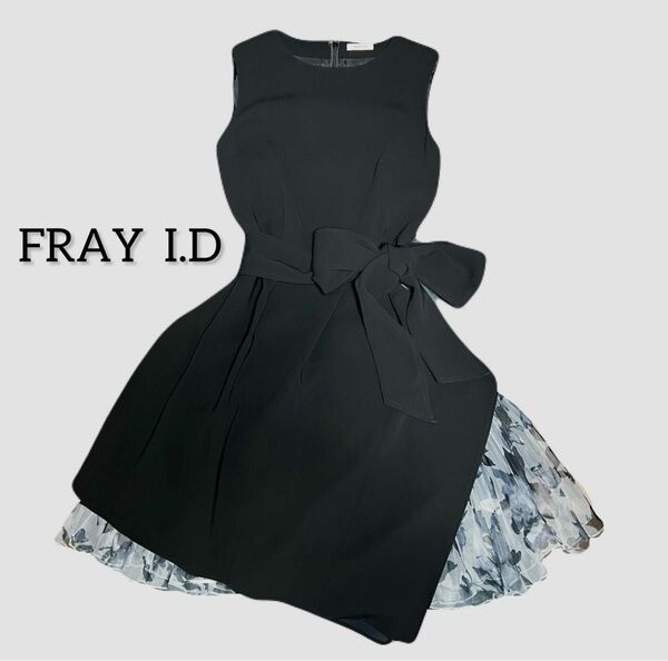 FRAY I.D 花柄 シフォン アシンメトリー ワンピース ベルト付き 黒 ノースリーブ Aライン ウエストリボン