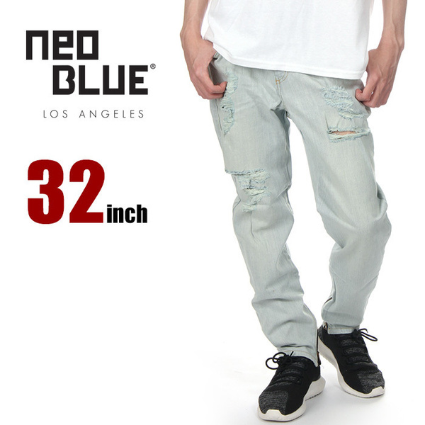 【スキニーデニム】【32inch】【新品】ネオブルー スキニー デニムパンツ 32インチ メンズ NEO BLUE USAモデル ダメージ ブリーチ スリム
