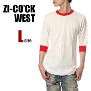 【新品】ジーコック ウェスト 五分袖 サーマル Tシャツ L メンズ レディース 白×赤 ZI-CO'CK WEST 厚手 5分丈袖 無地