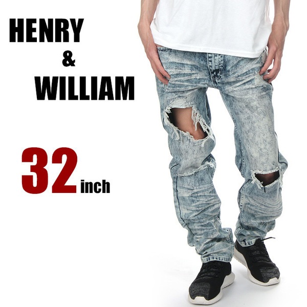 【32inch】【新品】HENRY&WILLIAM デニムパンツ 32インチ メンズ ヘンリー＆ウィリアム USAモデル ダメージ ケミカルウォッシュ ジーンズ
