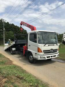 日野　レンジャー　３段クレーン付セーフティーローダー　フルラジコン　スライド　セルフ　積載車　ウインチ　走行190000KM