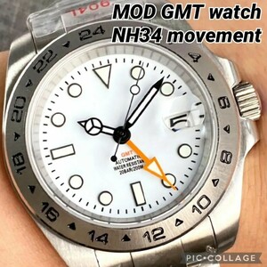新品 NH34 GMT MOD 自動巻 高品質 ムーブメント 腕時計 オマージュ ノーロゴ 白文字盤 24時間針 グラスバック