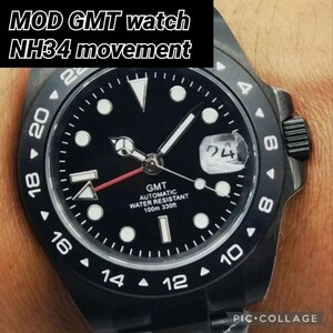 新品 NH34 GMT MOD 自動巻 高品質 ムーブメント 腕時計 オマージュ ノーロゴ ブラック 自動 黒文字盤