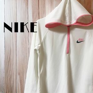 NIKE ナイキ ロゴ プリント ハーフジップ パーカー M 白 ホワイト レディース 古着