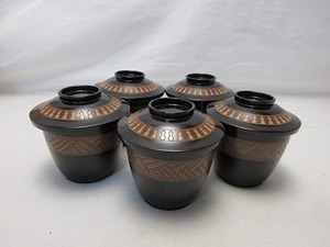 604027 【 美品 懐石道具 木製黒塗 箸洗い 5客揃 箱無 ②】 検) 茶道具 会席料理 和食器 天然木製 小吸物椀 汁椀 蓋付椀 伝統工芸 ⅰ