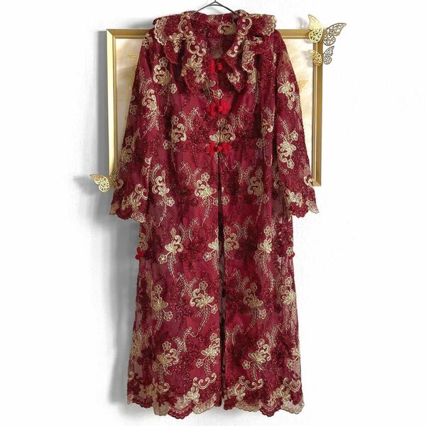 美品 ヴィンテージ vintage ロングジャケット ノーカラーコート ビッグカラー 花柄 刺繍 レース ジャガード レッド 赤