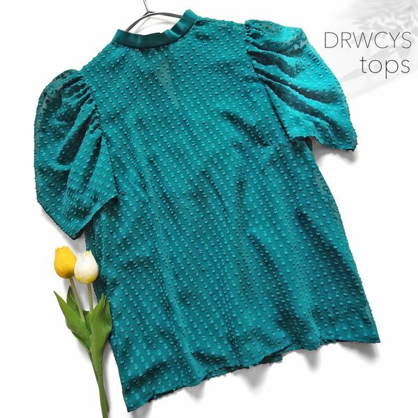 新品 DRWCYS ドロシーズ ブラウス シャツ ジャガード リボン パフスリーブ バルーン バンドカラー グリーン 緑 半袖