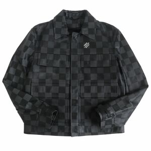 極美品□21AW LOUIS VUITTON/ルイヴィトン ダミエ ジップアップ カウハイド レザーブルゾン/ライダース グレー/黒 48 伊製 正規