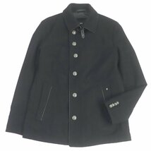 極美品□HUGO BOSS ヒューゴボス バージンウール エンブレムロゴボタン レザーパイピング チンストラップ ハーフコート 黒 48 正規品_画像1