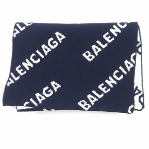 美品▼BALENCIAGA バレンシアガ 633719 ウール ロゴ総柄 リバーシブル ニット マフラー ネイビー ホワイト イタリア製 正規品 メンズ