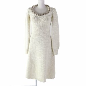 未使用品◎ボッテガヴェネタ 20AW 642897 DRESS HAND KNITS メタルパーツ付き 長袖 ニットワンピース アイボリー XS 伊製 正規品