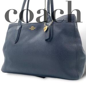 COACH Coach tote bag leather navy shoulder .. possibility A4 storage possibility 