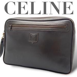 １スタ〜 希少 セリーヌ CELINE クラッチバッグ セカンドバッグ ポーチ レザー 本革 ブラウン トリオンフ ロゴ ヴィンテージ