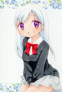 （原画+ラフ画 計2枚）手描きイラスト　オリジナル　女子高生2　ハガキサイズ