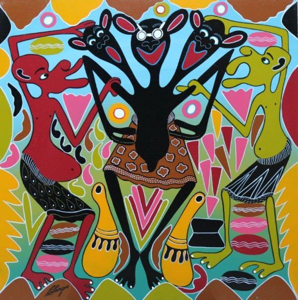 George Lilanga 3 Afrikanisches Gemälde Tinga Tinga Shetani 61 cm quadratisch, Malerei, Ölgemälde, Abstraktes Gemälde