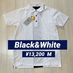  new goods #13,200 jpy [ black and white ] men's polo-shirt with short sleeves M size Golf wear white Black&White