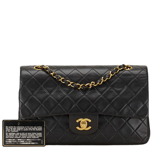 シャネル マトラッセ25 ココマーク ダブルフラップ チェーン ショルダーバッグ ブラック ゴールド ラムスキン CHANEL 【中古】