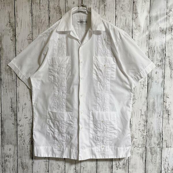 90's ヴィンテージキューバシャツ 白 L相当 刺繍 4つポケ サイドベンツ US古着 アメカジ 90年代ヴィンテージ HTK3810