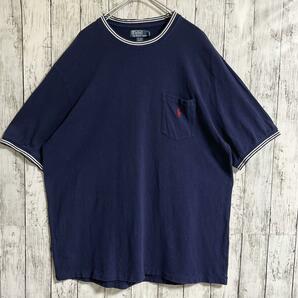 90's Ralph Lauren ラルフローレン リンガーTシャツ ポケT 鹿の子 紺 ネイビー XL 刺繍ポニー 90年代ヴィンテージ US古着 HTK3825