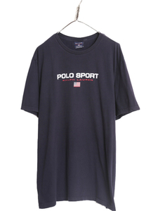 90s ポロスポーツ ラルフローレン プリント 半袖 シャツ メンズ XL / 古着 90年代 オールド POLO SPORT ポロ 星条旗 大きいサイズ ネイビー