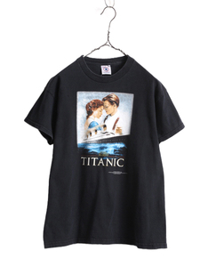 90s ★ タイタニック イラスト プリント Tシャツ メンズ S 程/ 90年代 TITANIC 当時物 オフィシャル 映画 ムービー ディカプリオ アート 黒