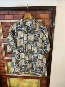  aloha shirt short sleeves Hawaii made total pattern XL Vintage big size America old clothes resort 1 jpy start 