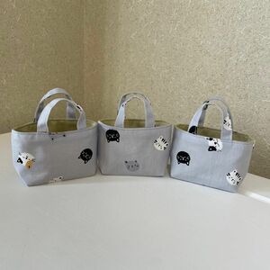 ミニミニトートバッグ　ハンドメイド　猫ちゃん　グレー　３個セット　(小)