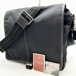 美品 COACH コーチ メンズ メッセンジャーバッグ ショルダー フラップ ビジネス 通勤通学 レザー ナイロン ブラック系 A4収納 肩 斜め掛け