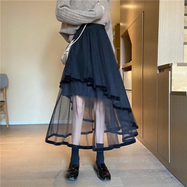 アシンメトリー 個性派 メッシュ スカート モード フレアスカート ブラック