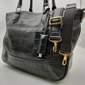 極美品 肩掛け ペッレモルビダ ビジネス バッグ クロコ型押し メイデンボヤージュ PELLE MORBIDA 黒 レザー 2way A4 トート ブリーフケース