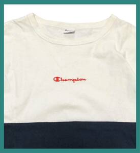 1258◆Champion チャンピオン◆トリコタグ 復刻 ロゴ刺繍 バイカラー コットン 半袖 Tシャツ ホワイト×ネイビー L