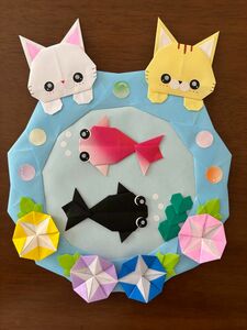 ハンドメイド　折り紙　リース　猫ちゃんと金魚