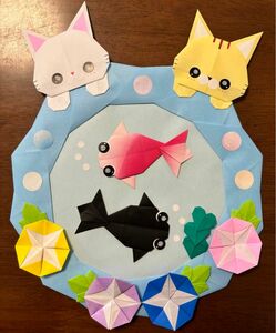 ハンドメイド　折り紙　リース　猫ちゃんと金魚