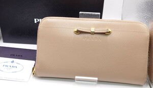 【SR-276】 PRADA 長財布 プラダ ウォレット 1M0506 サフィアーノ ラウンドファスナー リボン レザー カメオ ギャランティカード 付