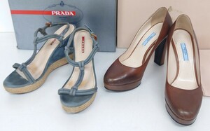 【SR-281】 PRADA パンプス ウェッジソール サンダル 2点セット SIZE 38 プラダ ヒール TEAK AVIO ブラウン系 ブルー系 箱 付 ブランド