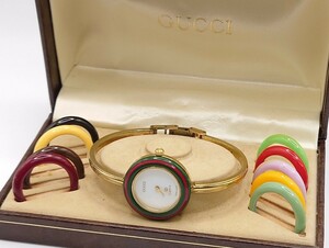 【R1-489】 GUCCI チェンジベゼル 1100L レディース 腕時計 クォーツ 10色 バングルウォッチ シェリーライン 箱付き 稼働品 [K503]