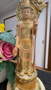 仏像 聖観音菩薩立像宝珠光背円台6.0寸桧木彩色