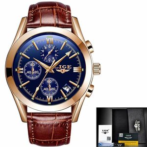 LIGE 海外人気 トップブランド メンズ 腕時計 高級 クロノグラフ クォーツ ビジネス ゴールドＸブルー(ベルト)