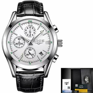 LIGE 海外人気 トップブランド メンズ 腕時計 高級 クロノグラフ クォーツ ビジネス シールドＸホワイト(ベルト)
