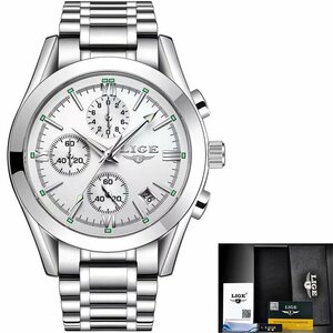 LIGE 海外人気 トップブランド メンズ 腕時計 高級 クロノグラフ クォーツ ビジネス シールドＸホワイト