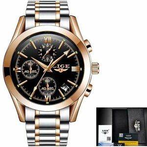 LIGE 海外人気 トップブランド メンズ 腕時計 高級 クロノグラフ クォーツ ビジネス ゴールドＸブラック