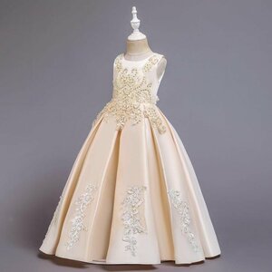 子供ドレス 発表会 子供ロングドレス キッズドレス フォーマルドレス 刺繍 ジュニアドレス ピアノコンクール シャンパン140cm